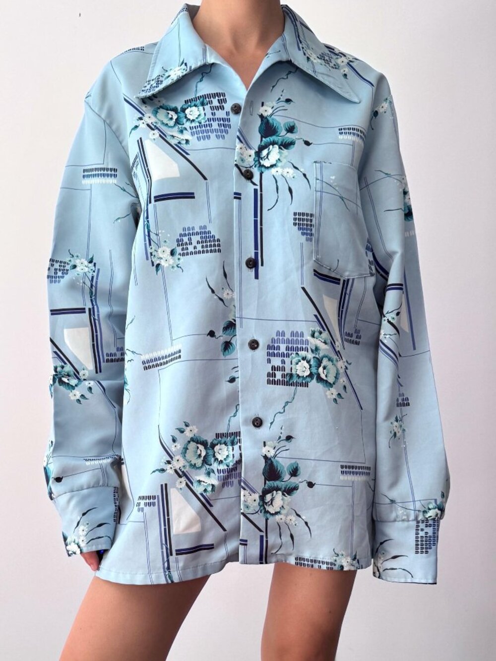 70s vintage blue disco floral geometric print dagger collar button up shirt